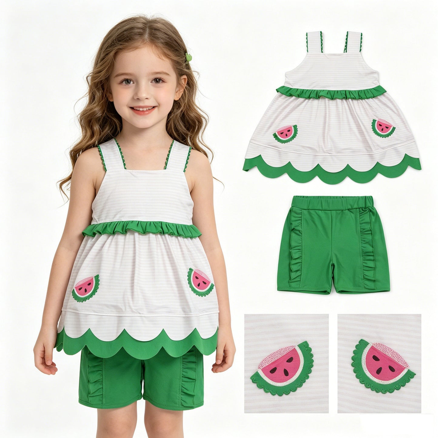 GSSO3164 Watermelon Embroidery White Scallop Tunic Top Green Ruffle Shorts Girls Summer Cotton Outfits