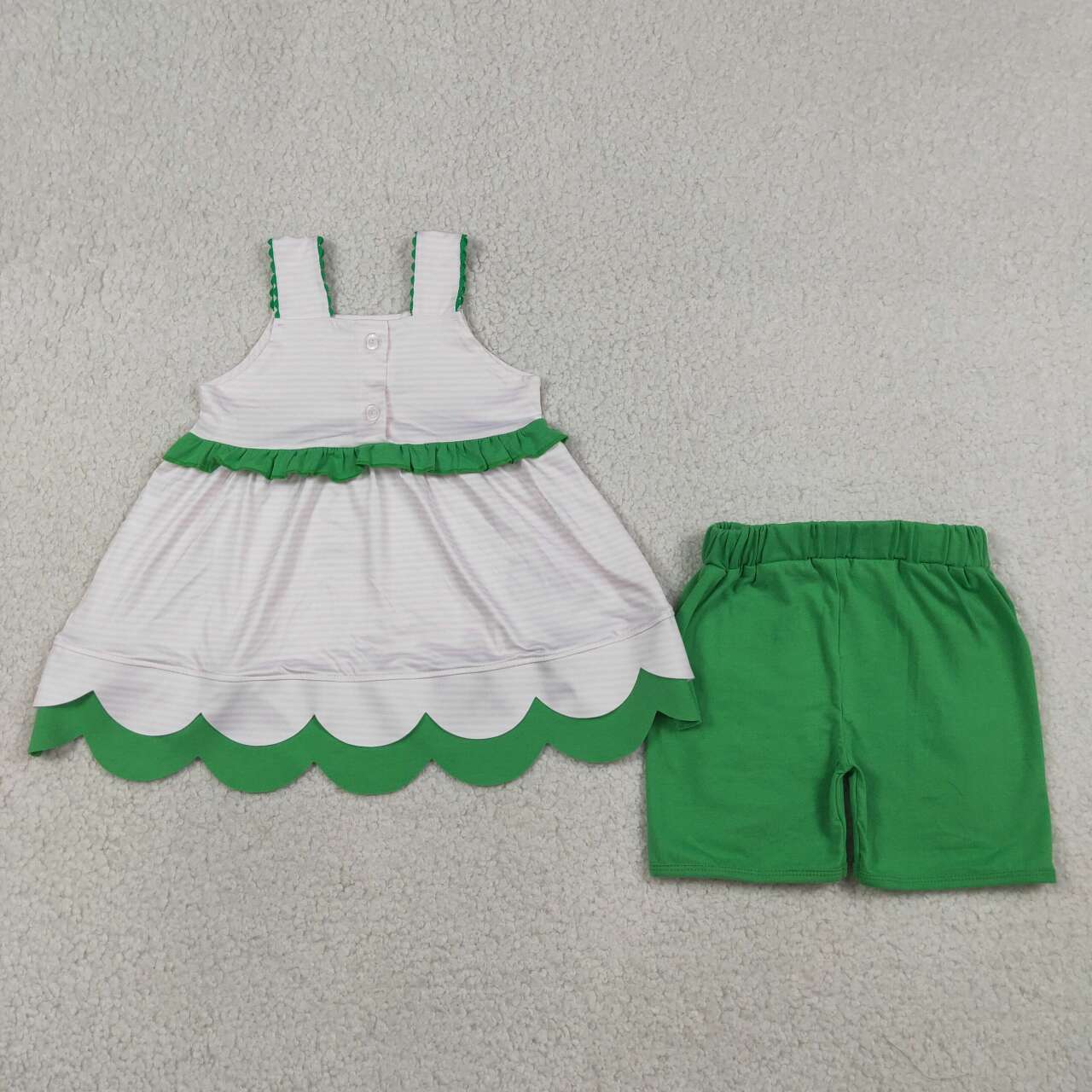GSSO3164 Watermelon Embroidery White Scallop Tunic Top Green Ruffle Shorts Girls Summer Cotton Outfits