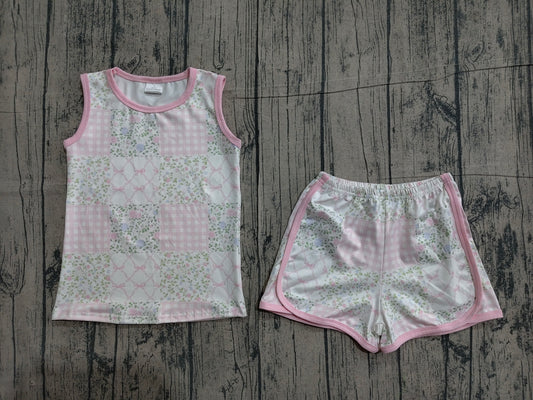 Preorder GSSO3168 Small Flowers Plaid Sleeveless Top Shorts Girls Summer Clothes Set