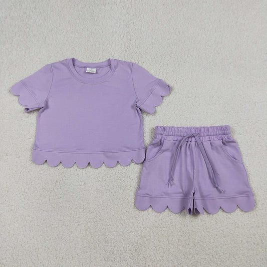 GSSO3171 Purple Cotton Pockets Girls Summer Scallop Clothes Set