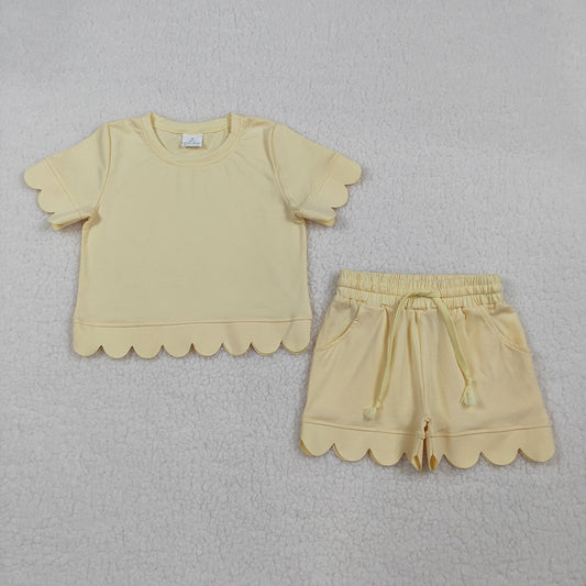 GSSO3175 Yellow Cotton Pockets Shorts Girls Summer Scallop Clothes Set