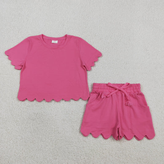 GSSO3176 Hot Pink Cotton Pockets Girls Summer Scallop Clothes Set