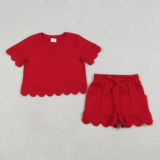 GSSO3177 Red Cotton Pockets Girls Summer Scallop Clothes Set
