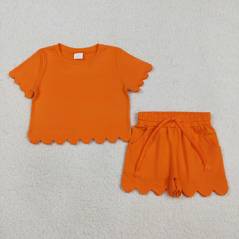 GSSO3178 Orange Cotton Pockets Girls Summer Scallop Clothes Set