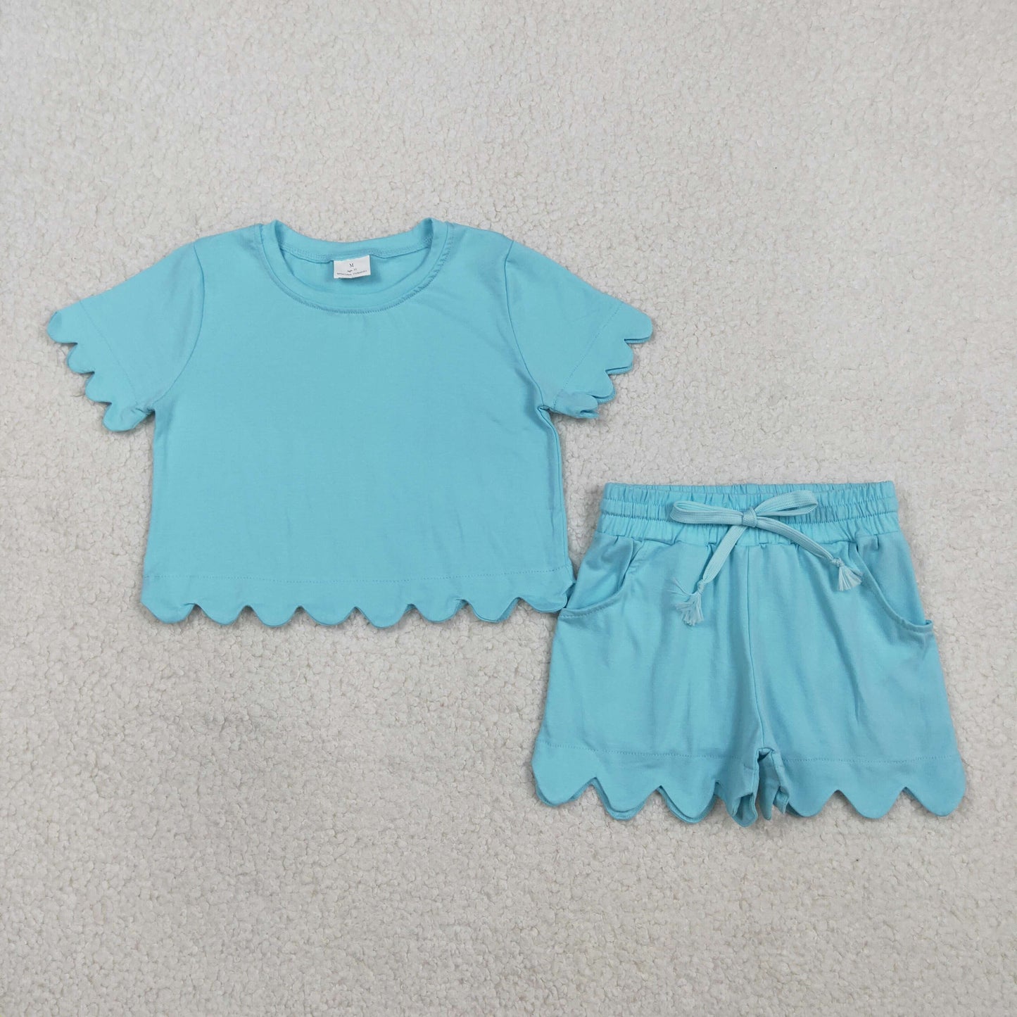 Mommy and Me Blue Scallop Outfits, Short Sleeve Two Piece Set for Mother Daughter