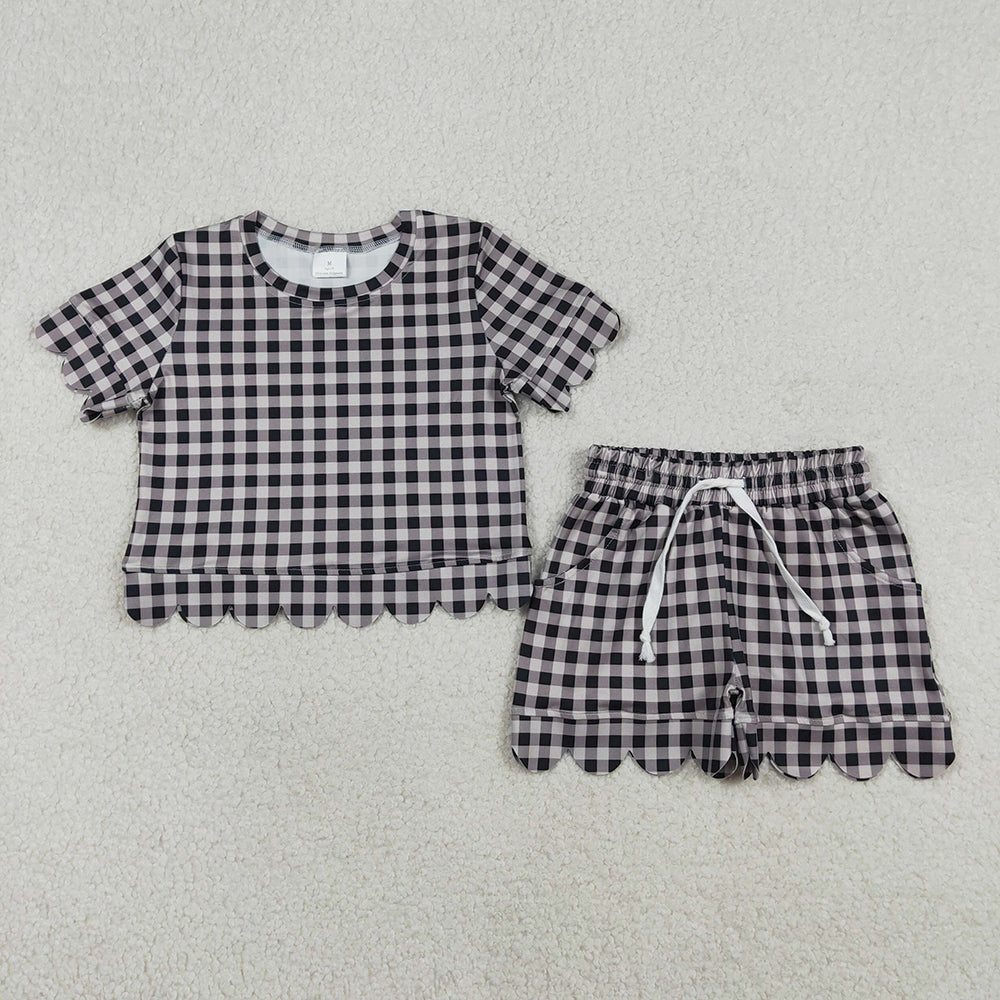 Sibling Baby Girls Colorful Checked Scallop Shirts Top Pockets Short Pajamas Clothes Sets