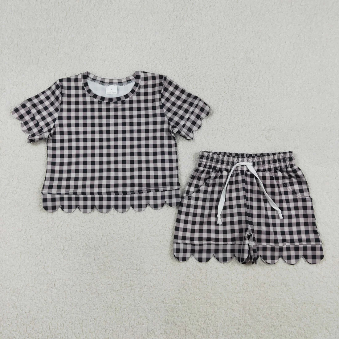 Sibling Baby Girls Colorful Checked Scallop Shirts Top Pockets Short Outfit