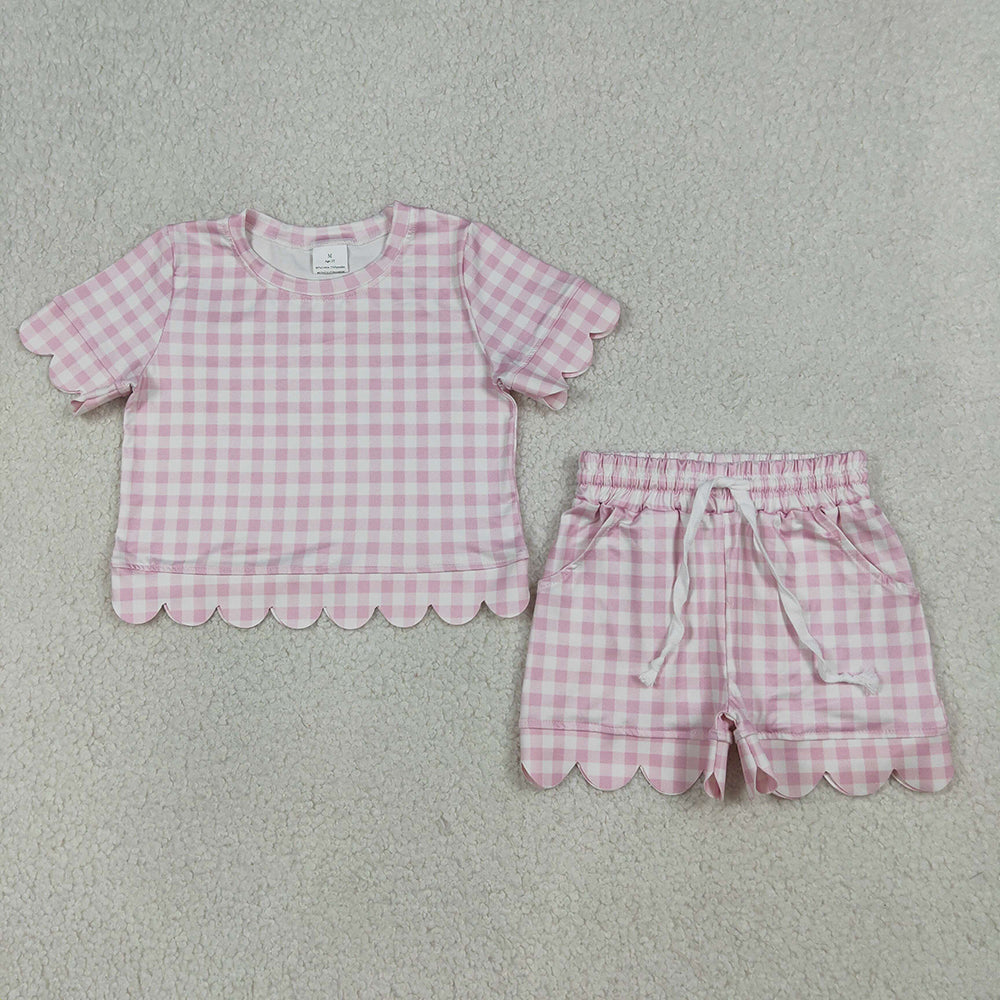 GSSO3183 Girls’ Pink Gingham Scallop Short Sleeve Top & Shorts Set