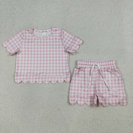 GSSO3183 Girls’ Pink Gingham Scallop Short Sleeve Top & Shorts Set