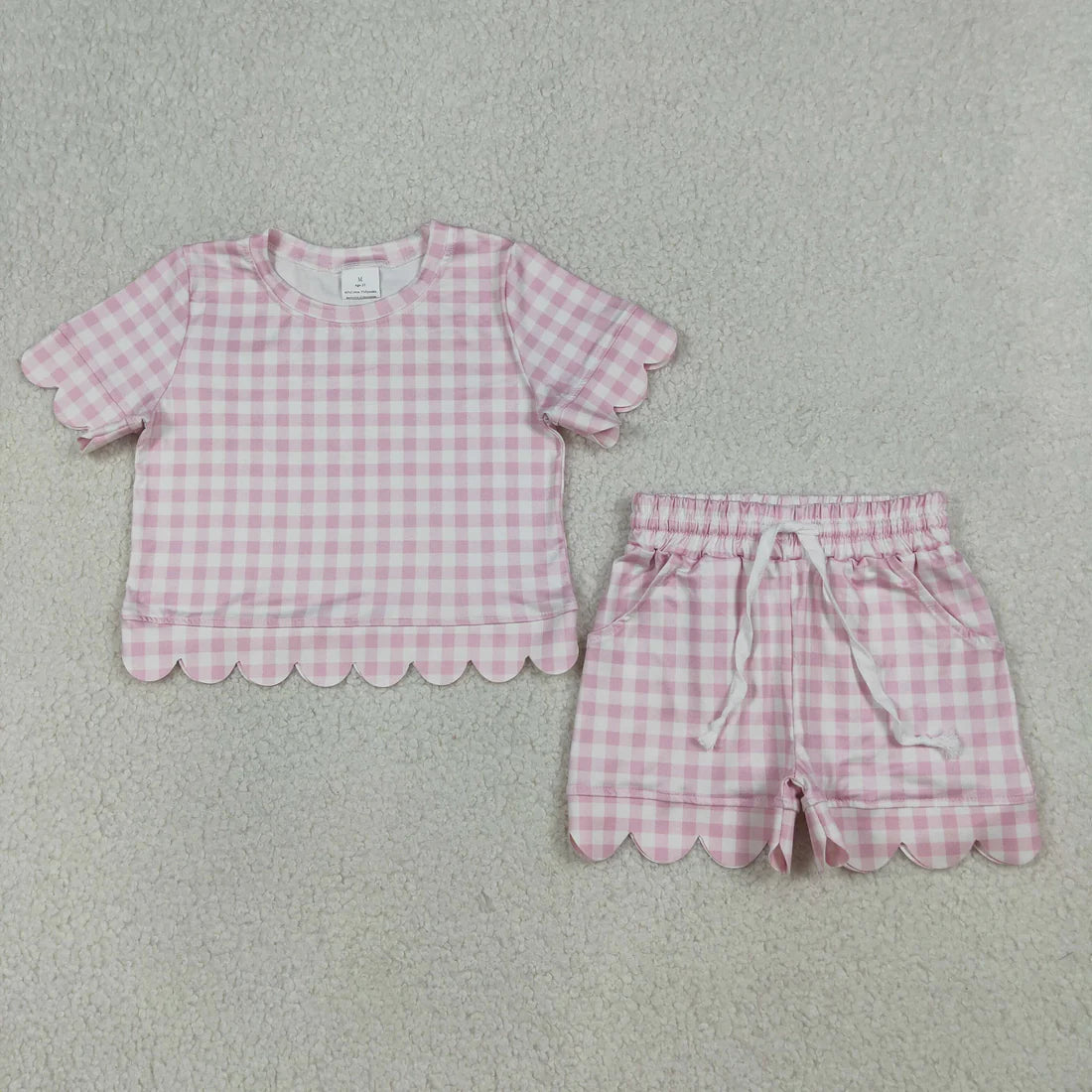 Sibling Baby Girls Colorful Checked Scallop Shirts Top Pockets Short Outfit