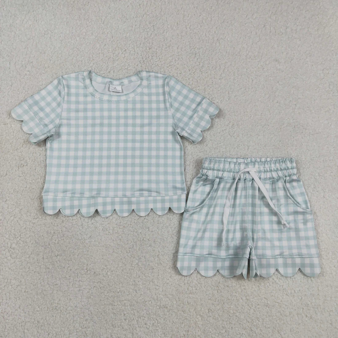 Sibling Baby Girls Colorful Checked Scallop Shirts Top Pockets Short Outfit