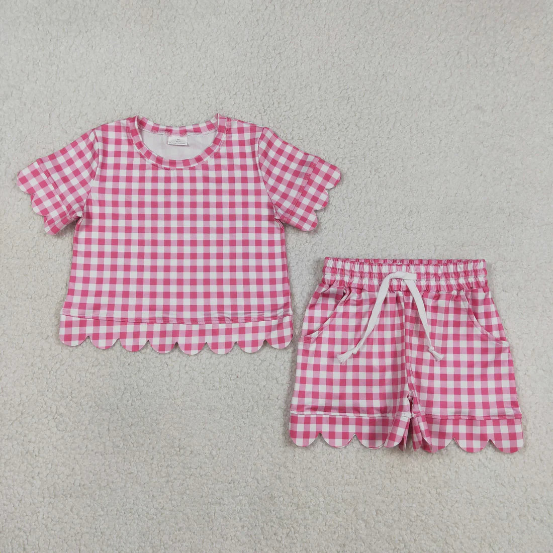Sibling Baby Girls Colorful Checked Scallop Shirts Top Pockets Short Outfit