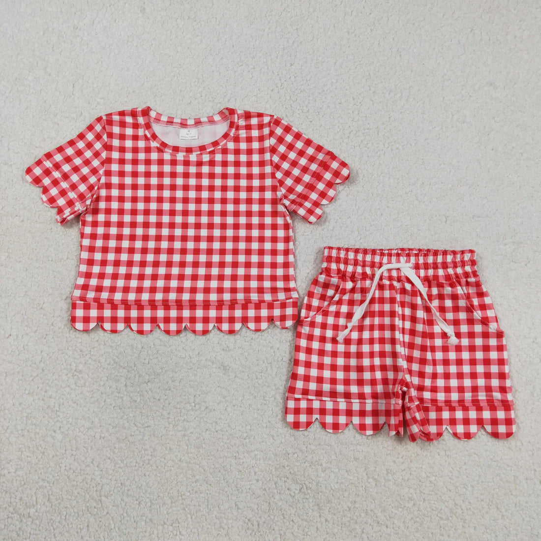 Sibling Baby Girls Colorful Checked Scallop Shirts Top Pockets Short Outfit
