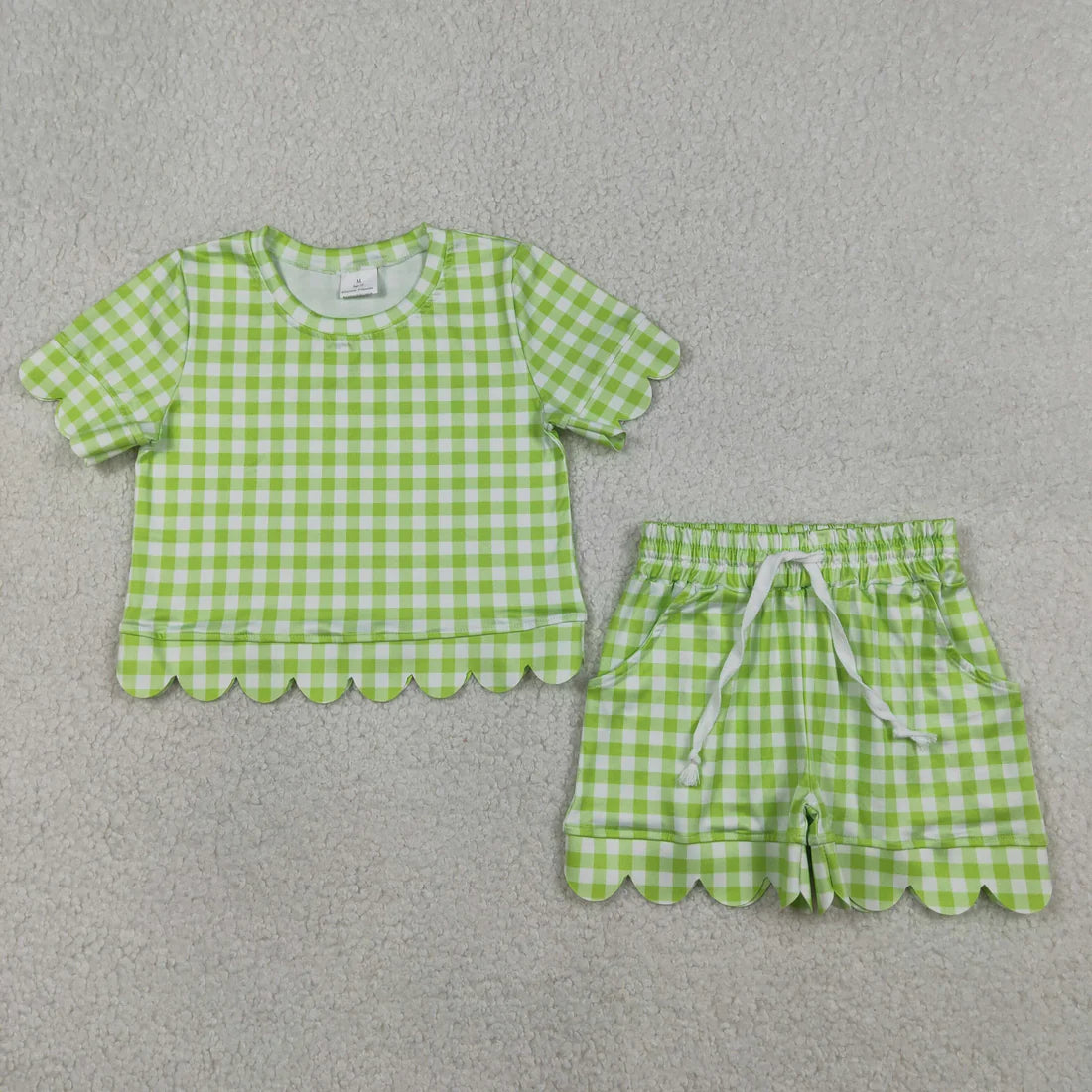 Sibling Baby Girls Colorful Checked Scallop Shirts Top Pockets Short Outfit