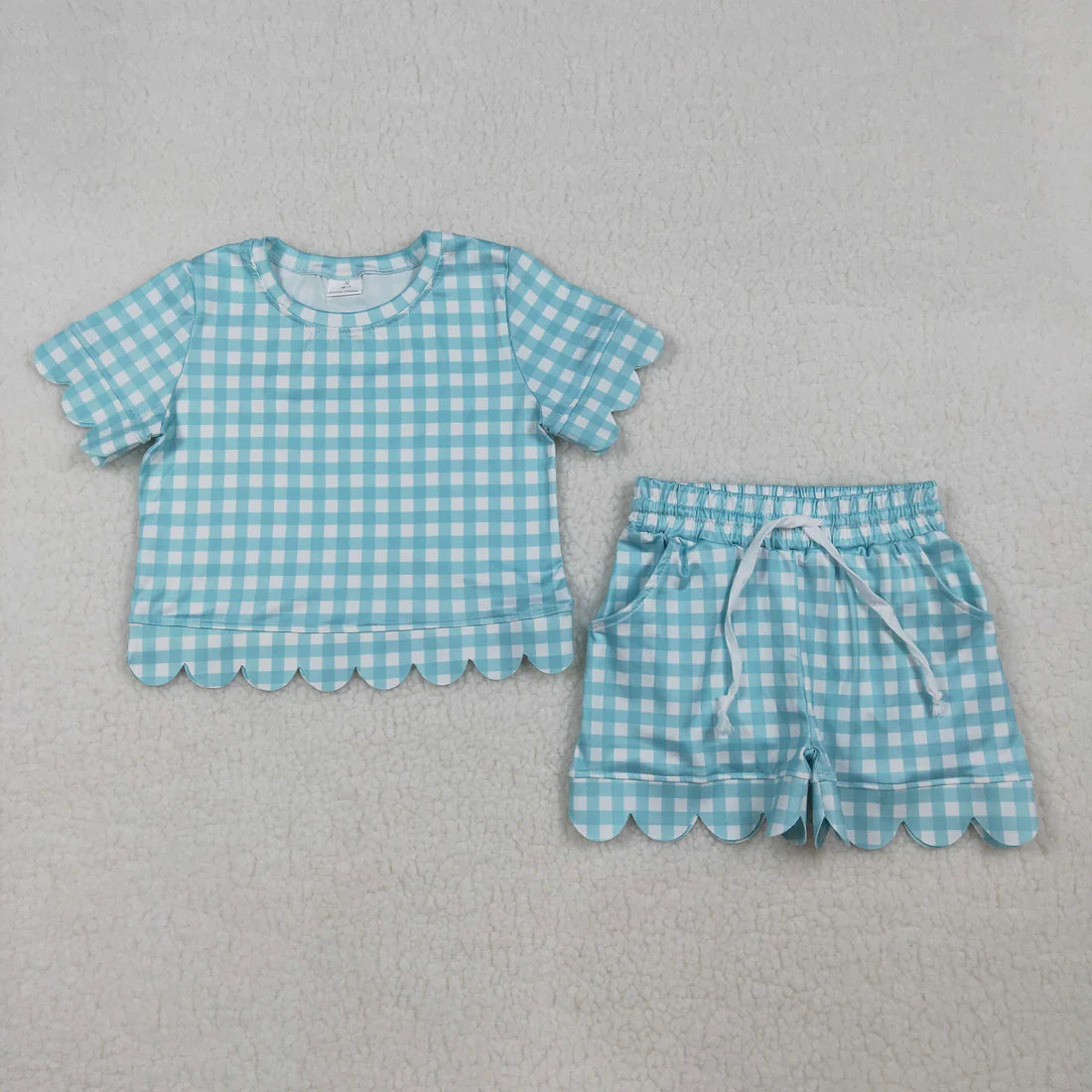 Sibling Baby Girls Colorful Checked Scallop Shirts Top Pockets Short Outfit