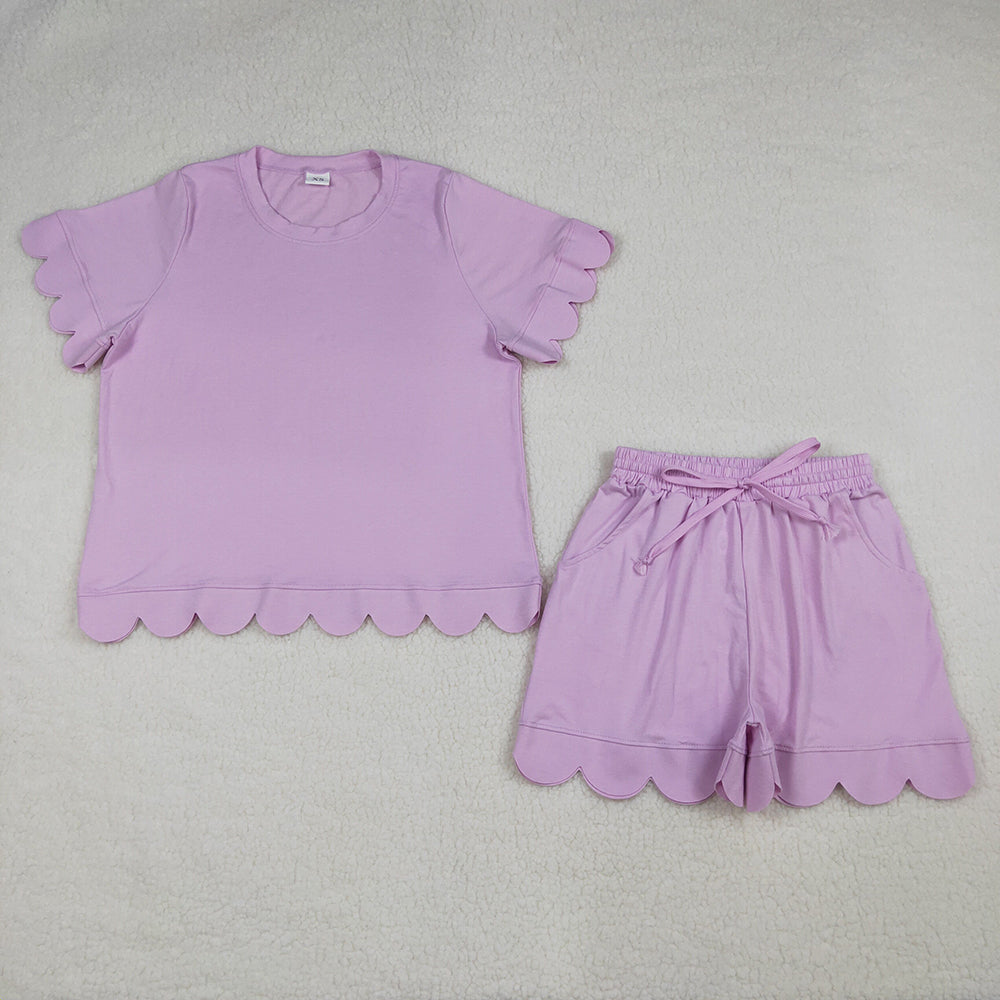 GSSO3201 Lavender Cotton Pockets Woman Summer Scallop Clothes Set