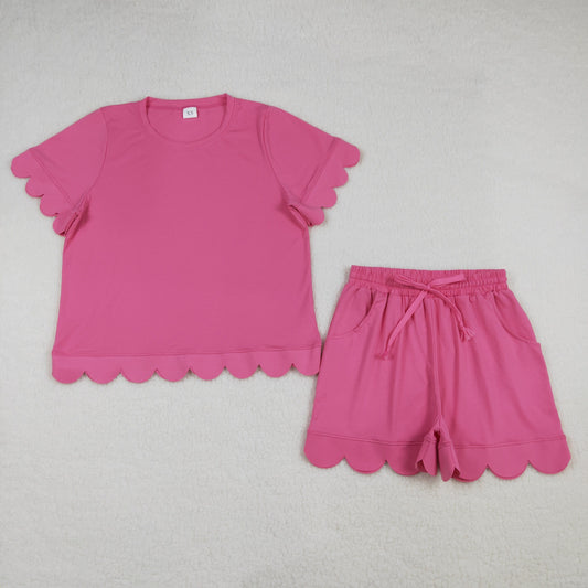 Mommy and Me Hot Pink Scallop Outfits, Short Sleeve Two Piece Set for Mother Daughter