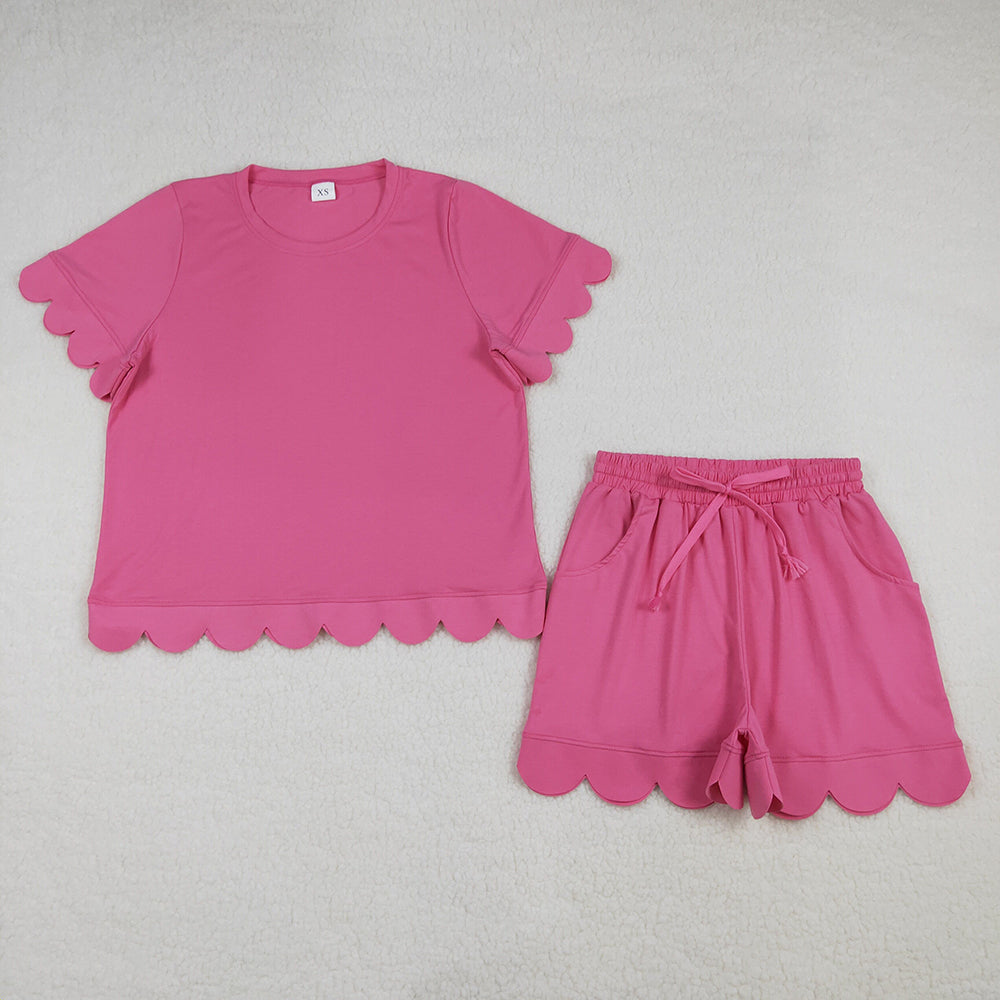 GSSO3204 Hot Pink Cotton Pockets Woman Summer Scallop Clothes Set
