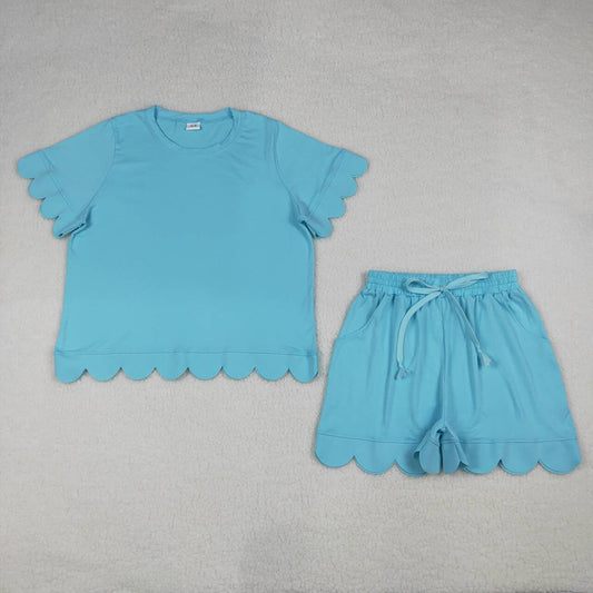 GSSO3208 Blue Cotton Pockets Woman Summer Scallop Clothes Set