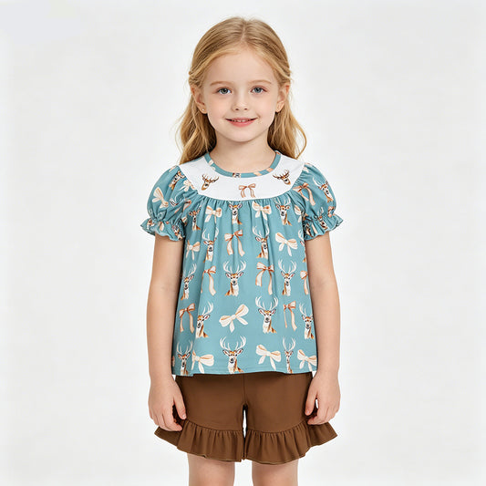 Deer Bows Top Brown Shorts Girls Summer Clothes Set