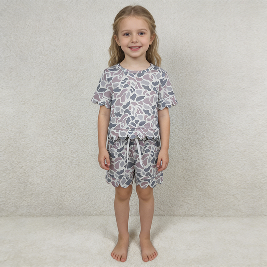 GSSO3226 Grey Camo Scallop Shorts Set - Girls’