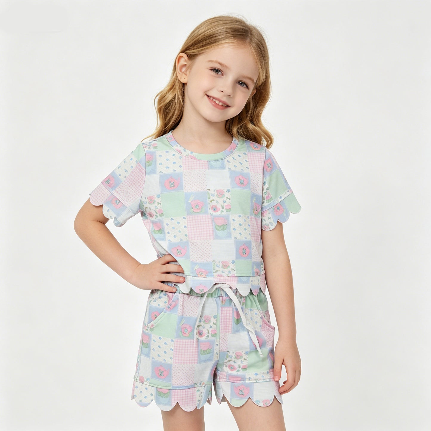 Baby Girls Colorful Flowers Checked Top Scallop Shorts Clothes Sets