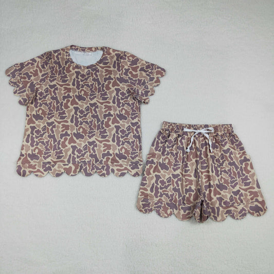 Mommy and Me Khaki Camo Scallop Outfits, Short Sleeve Two Piece Set for Mother Daughter