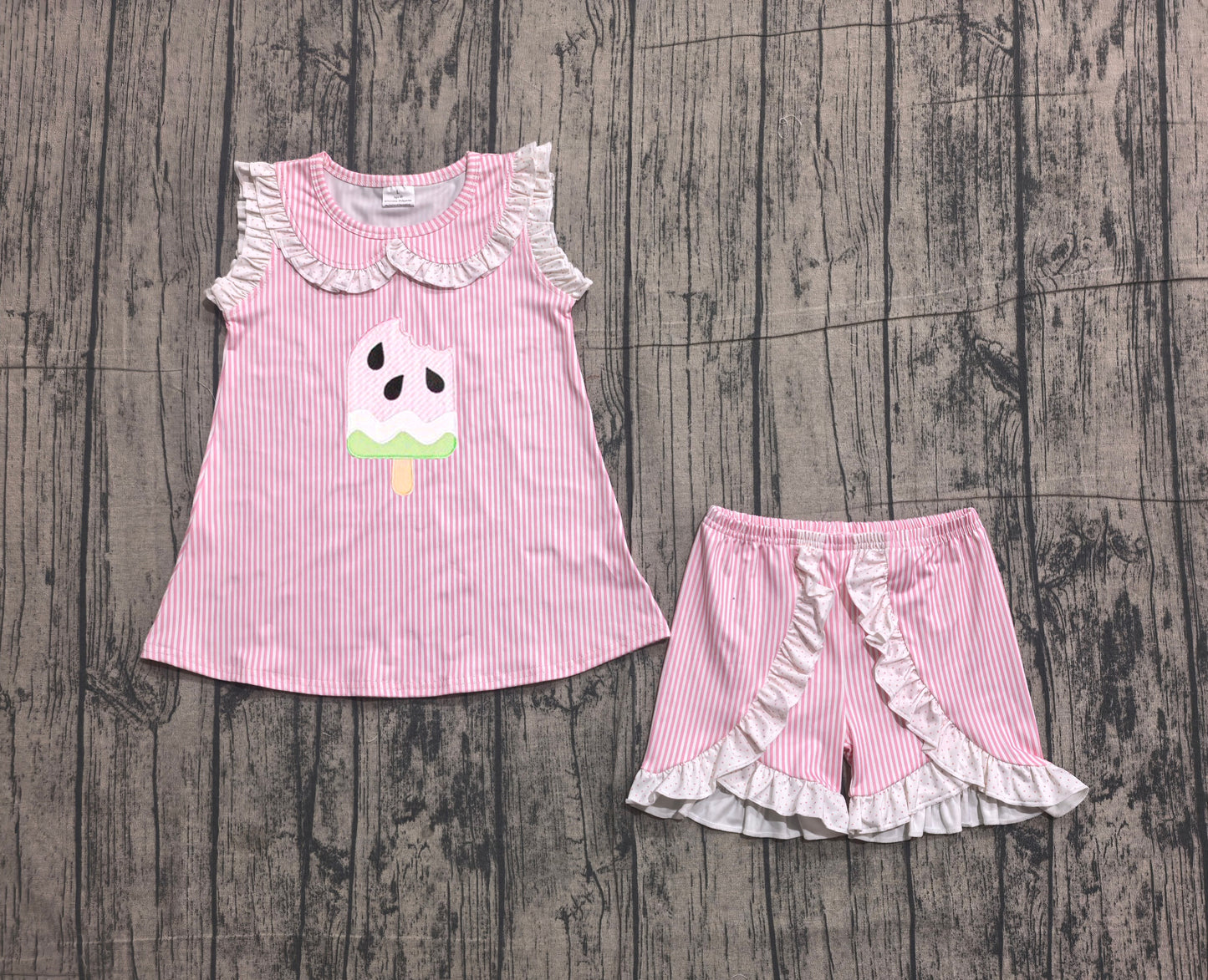 GSSO3238  Watermelon Popsicle Embroidery Sleeveless Doll Collar Top Ruffle Shorts Girls Summer Clothes Set