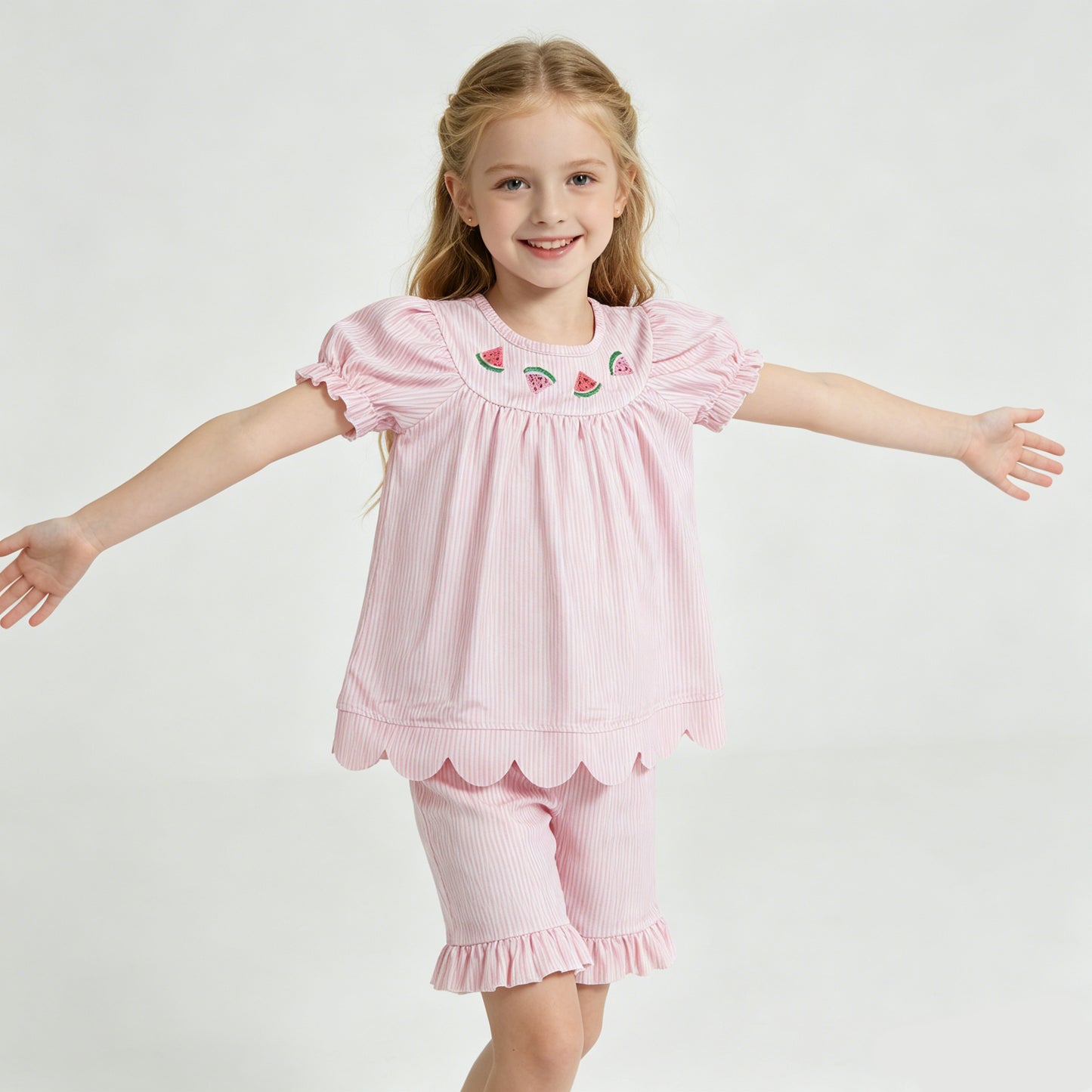 Embroidery Watermelon Pink Striped Scallop Top Ruffle Shorts Baby Girls Outfits