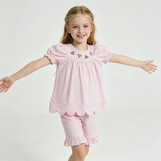 Embroidery Watermelon Pink Striped Scallop Top Ruffle Shorts Baby Girls Outfits