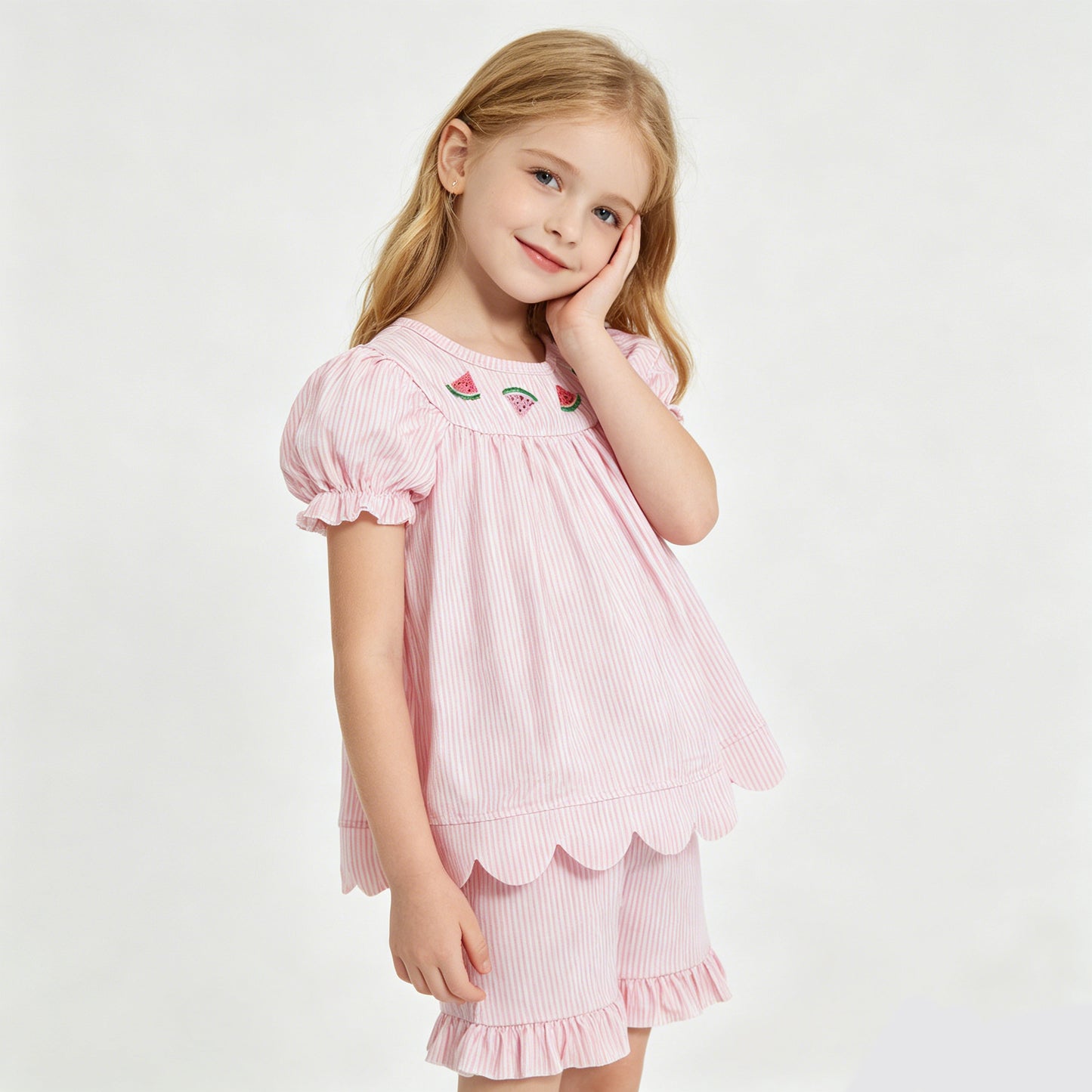Embroidery Watermelon Pink Striped Scallop Top Ruffle Shorts Baby Girls Outfits