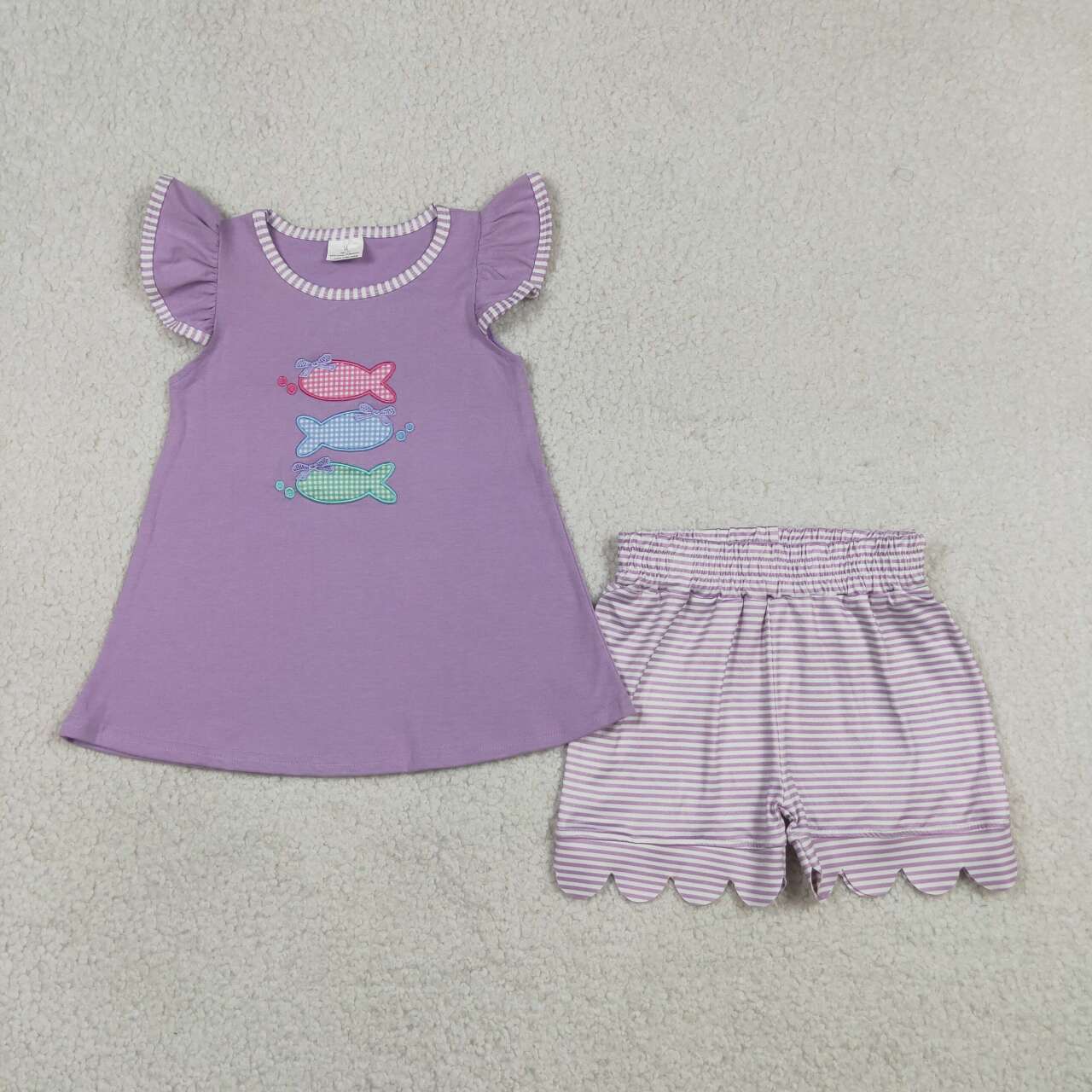 GSSO3242 Fish Embroidery Purple Top Stripes Scallop Shorts Baby Girls Summer Clothes Set