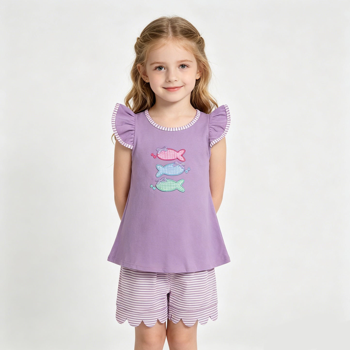 GSSO3242 Fish Embroidery Purple Top Stripes Scallop Shorts Baby Girls Summer Clothes Set