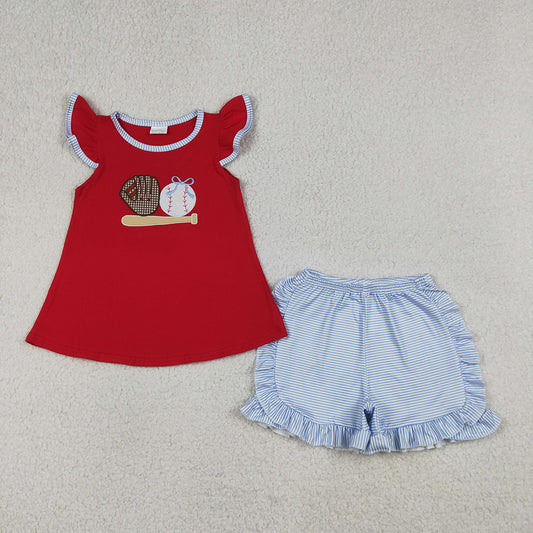 GSSO3246 Girls’ Baseball Embroidery Red Top & Stripes Shorts Set