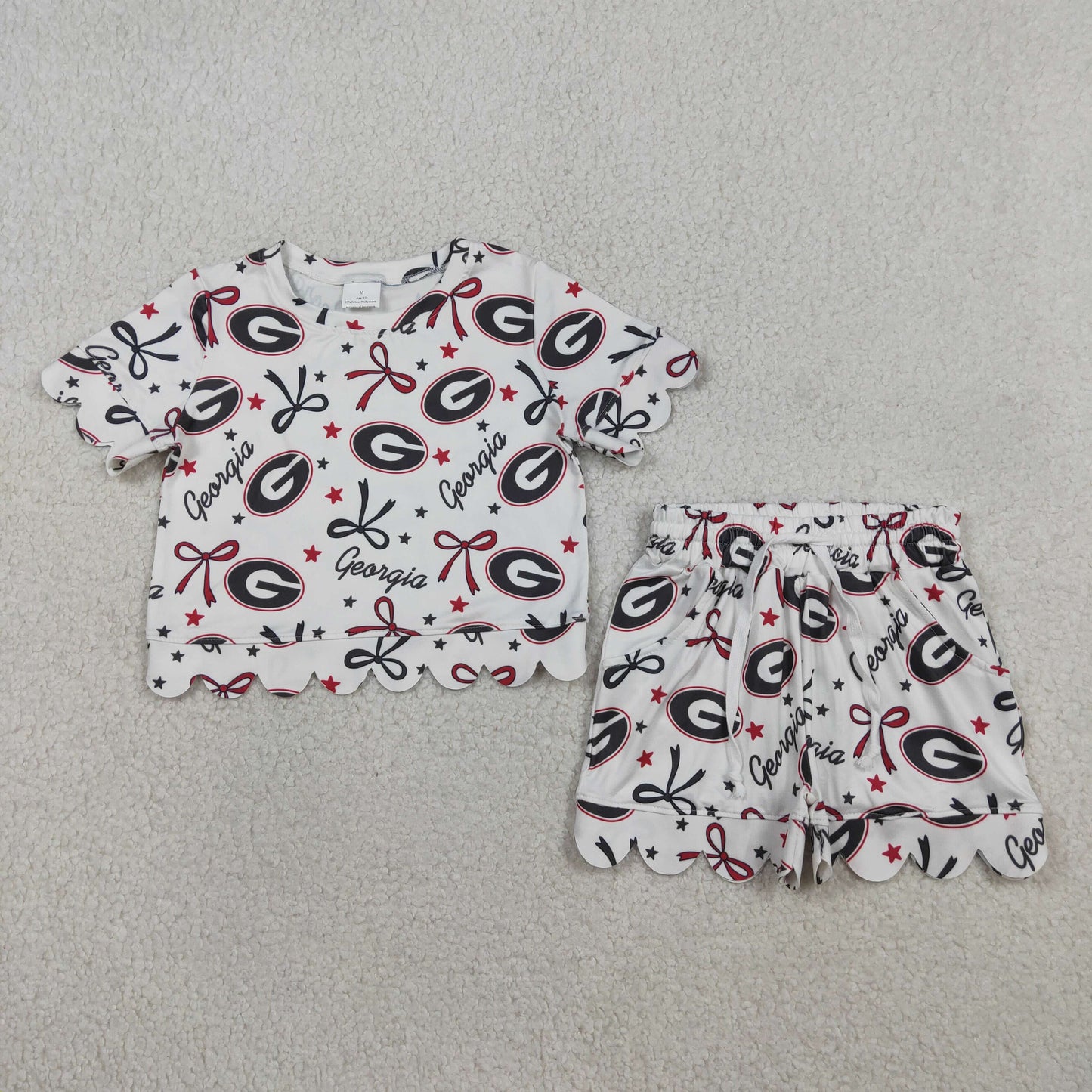 8 Colors Teams Stars & Bows Print Girls Scallop Summer Clothes Set Sisters Wear