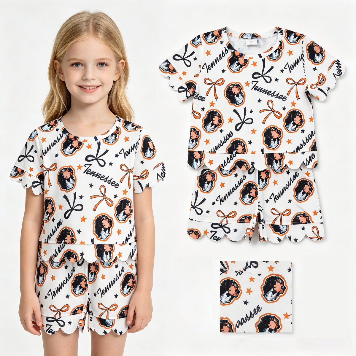 GSSO3251 Teams Tennessee Star & Bows Scallop Edge Shorts Girls Summer Clothes Set
