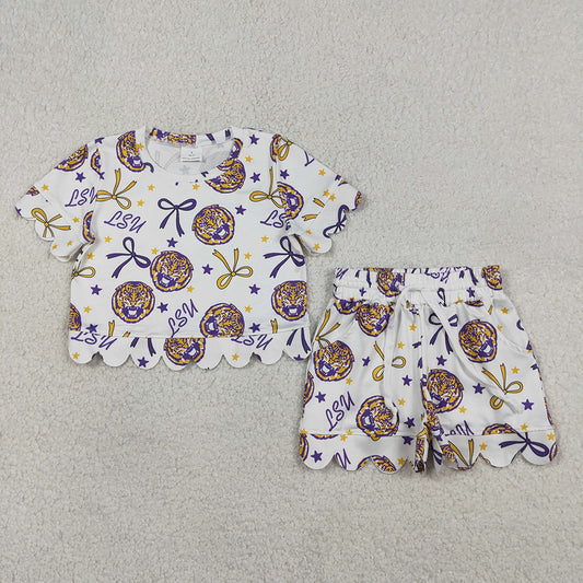 GSSO3256 Teams LSU Bows Print Pockets Shorts Girls Summer Scallop Clothes Set