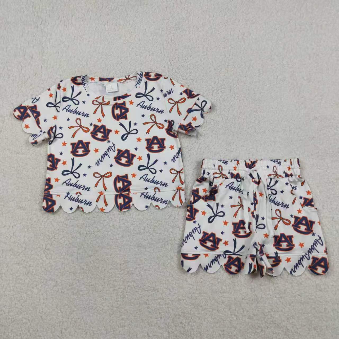 8 Colors Teams Stars & Bows Print Girls Scallop Summer Clothes Set Sisters Wear