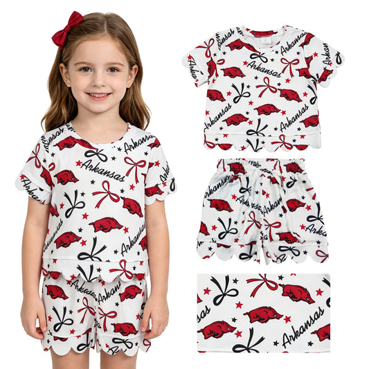 GSSO3254 Teams Arkansas Star & Bow Print Scallop Shorts Girls Summer Clothes Set