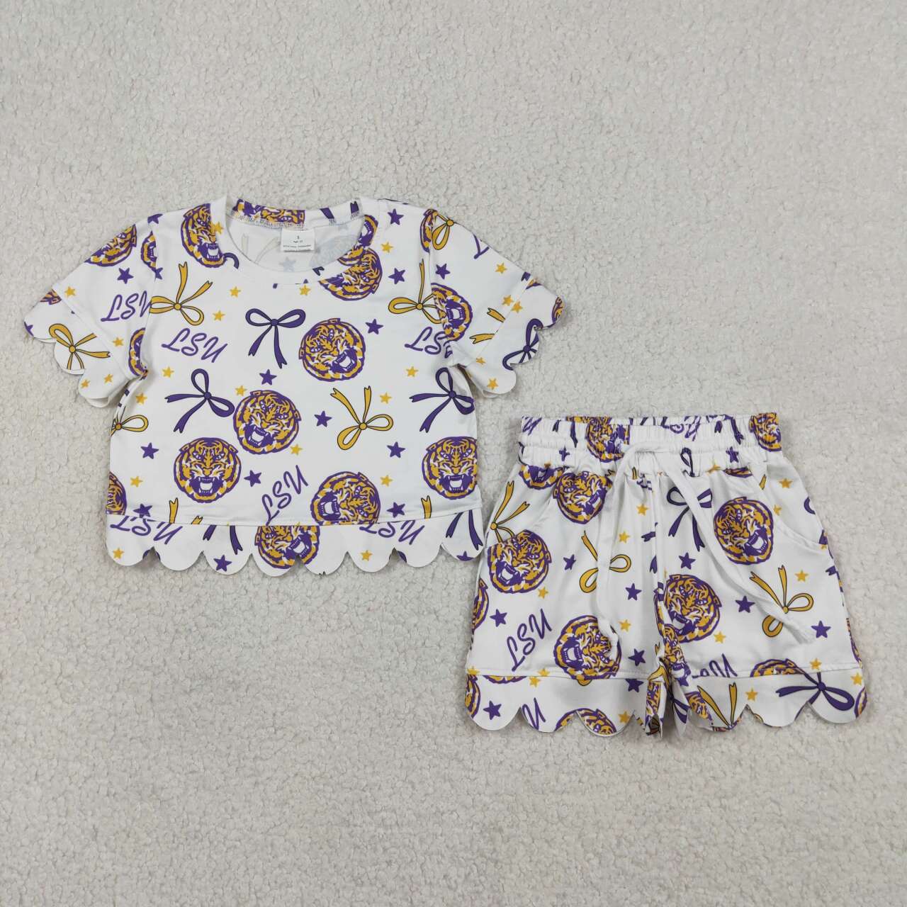 8 Colors Teams Stars & Bows Print Girls Scallop Summer Clothes Set Sisters Wear
