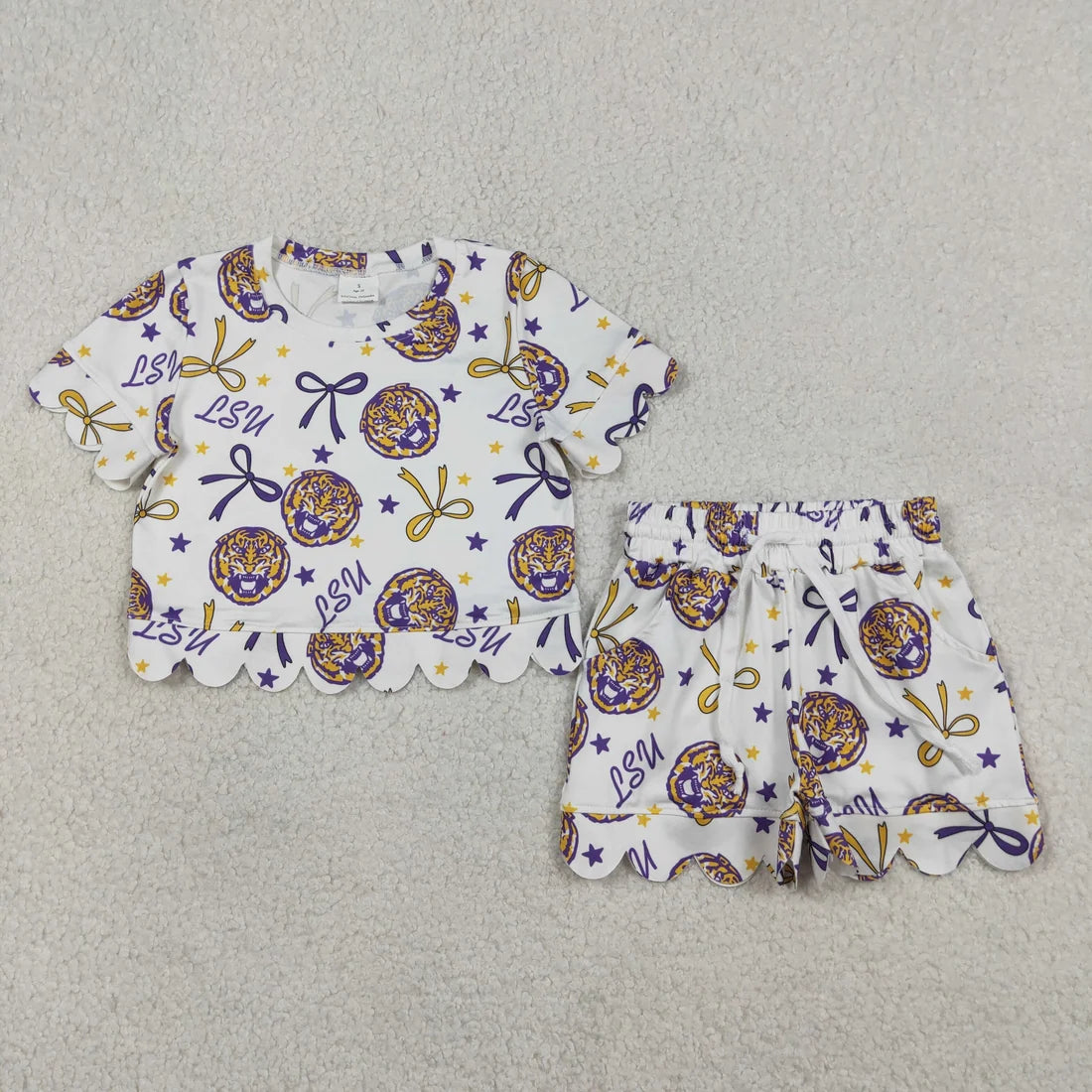 Sibling Mama and Me Kids Bows LSU Tigers Team Clothes Sets Polo Shirt Yoga Active Butterfly Shorts