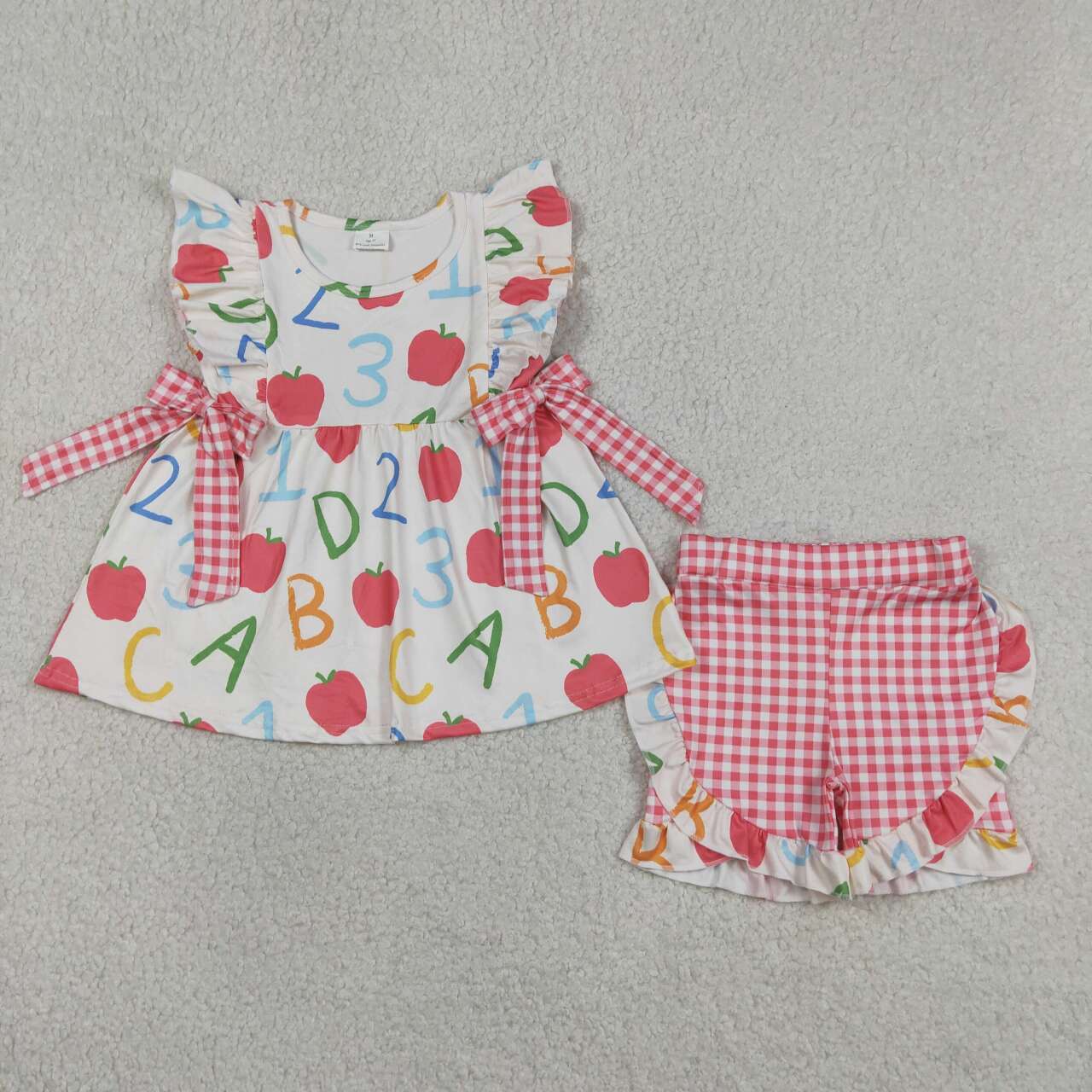 GSSO3258 Apple 123 ABC Tunic Top Plaid Ruffle Shorts Girls Back to School Clothes Set