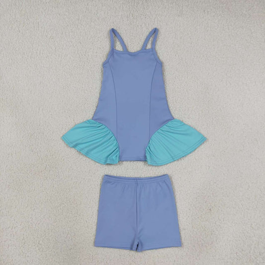 GSSO3264 Baby Girls Blue Strap Dress Top Shorts Yoga Active Clothes Set