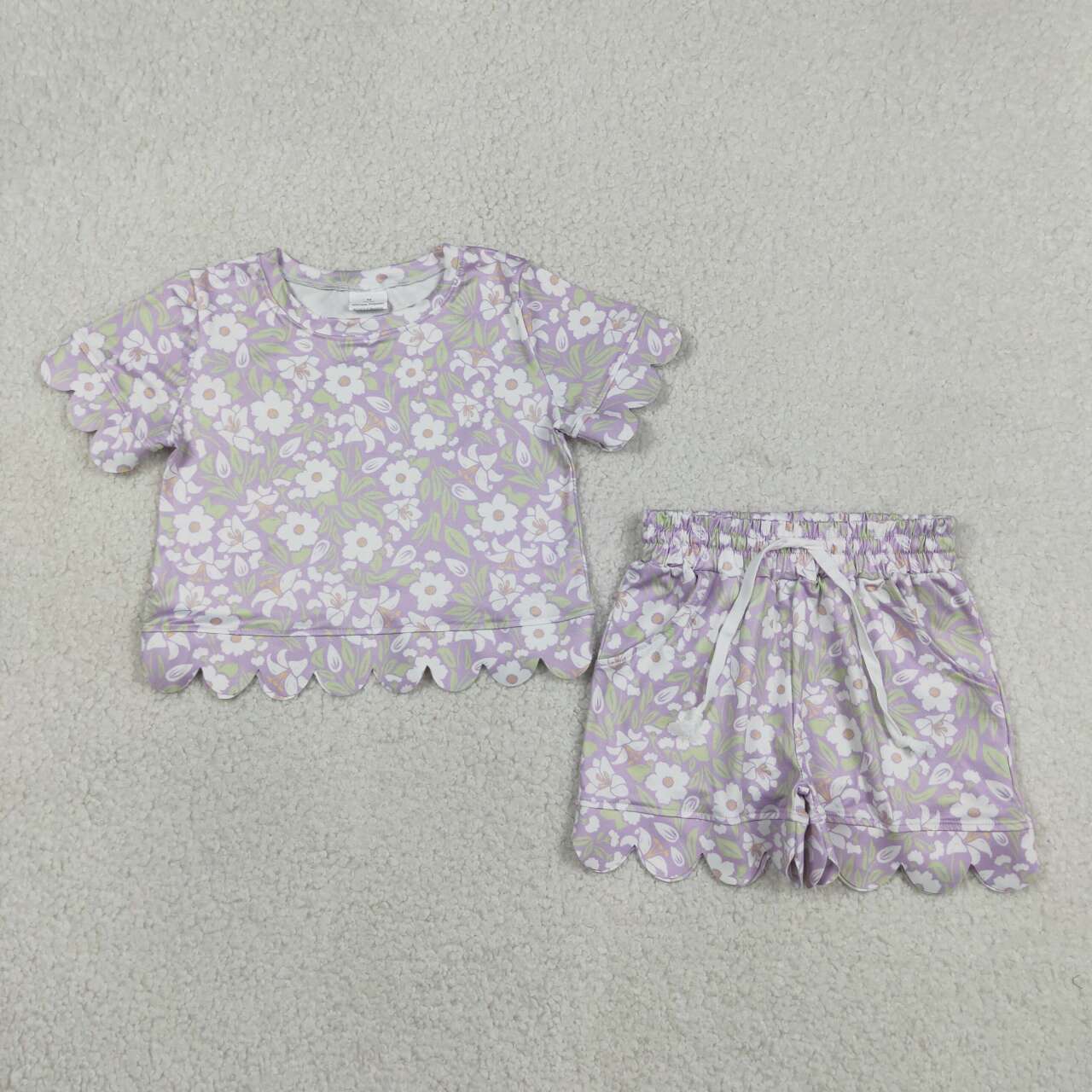 GSSO3265 White Purple Flowers Print Girls Summer Scallop Clothes Set