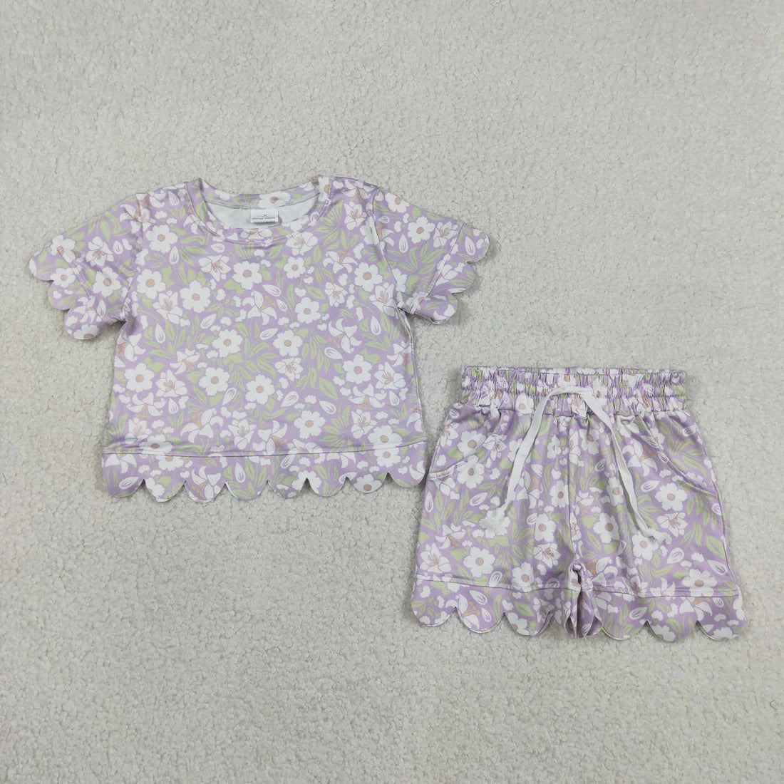 Sibling Baby Girls Colorful Flowers Top Pockets Shorts Scallop Clothes Sets