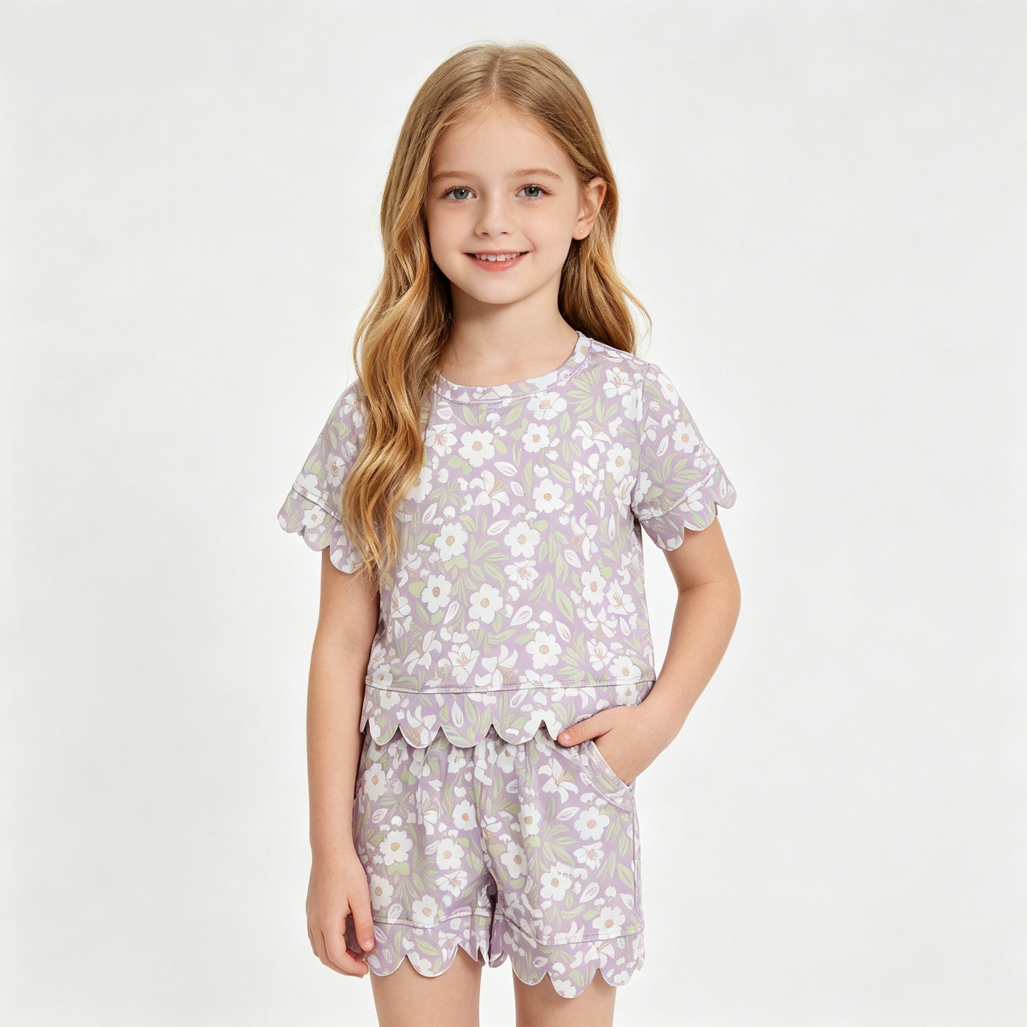 GSSO3265 White Purple Flowers Print Girls Summer Scallop Clothes Set