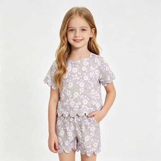 GSSO3265 White Purple Flowers Print Girls Summer Scallop Clothes Set