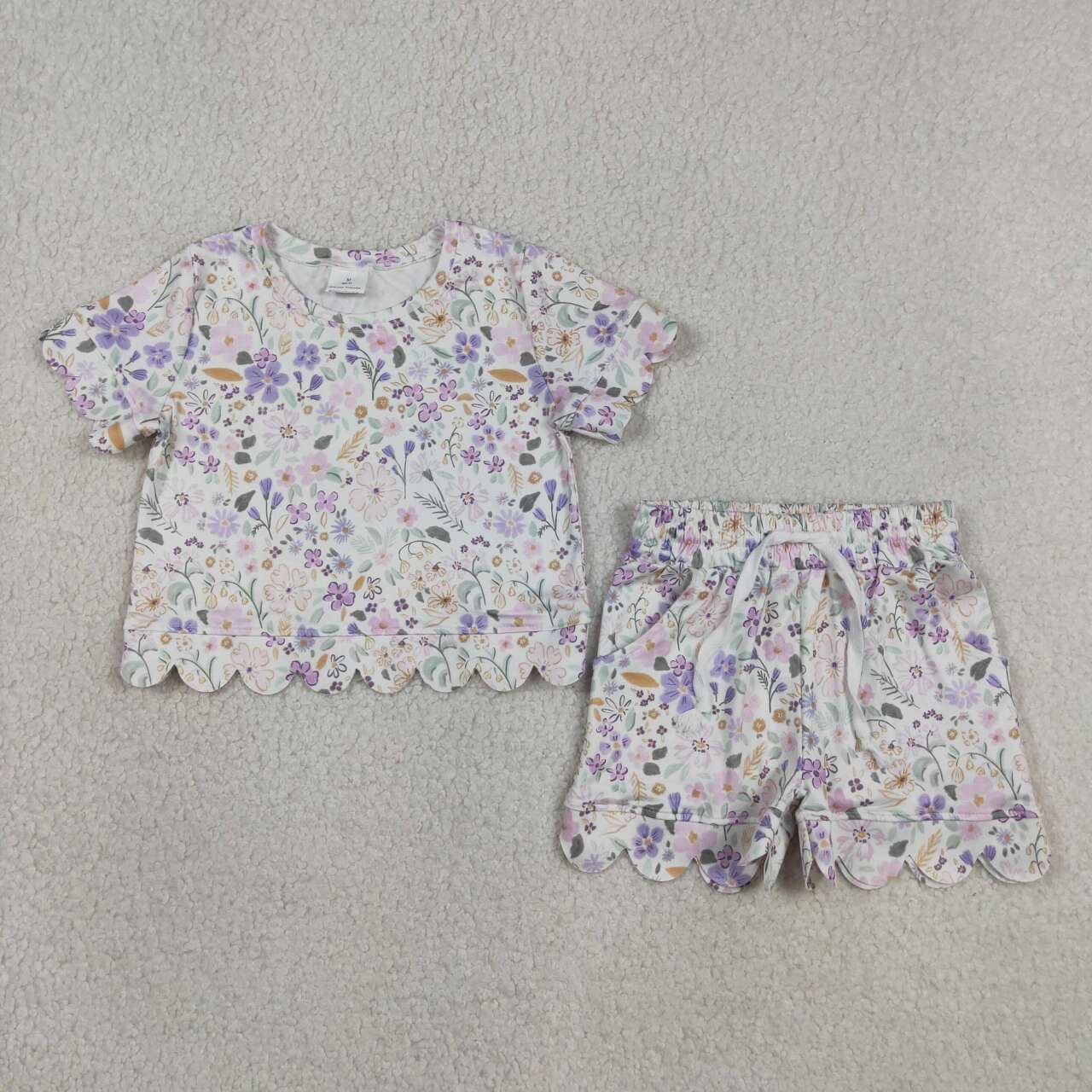 GSSO3267  Purple Flowers Print Girls Scallop Summer Shorts Set
