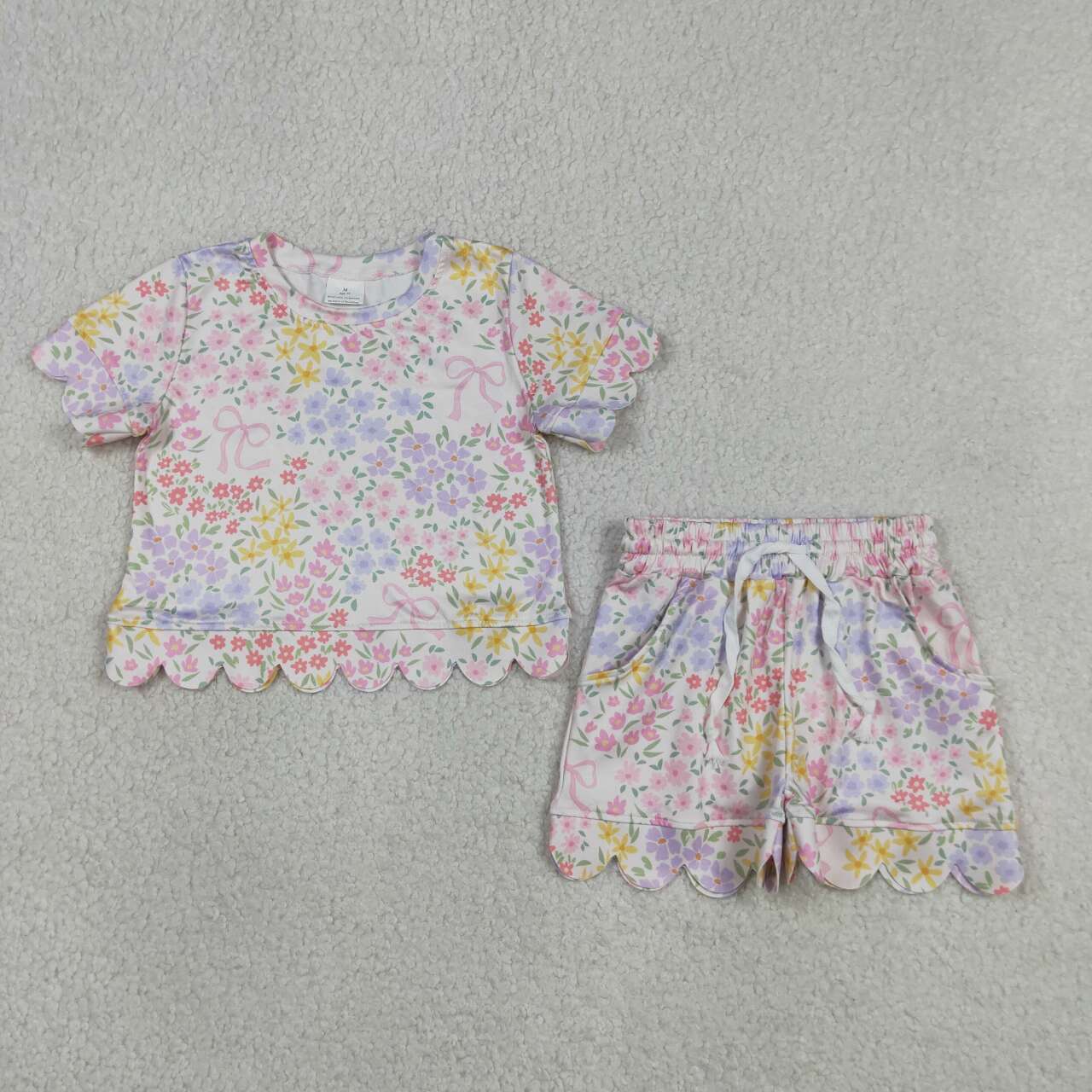 GSSO3270 Colorful Flowers Bows Print Girls Scallop Summer Shorts Set