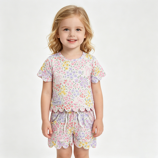 GSSO3270 Colorful Flowers Bows Print Girls Scallop Summer Shorts Set